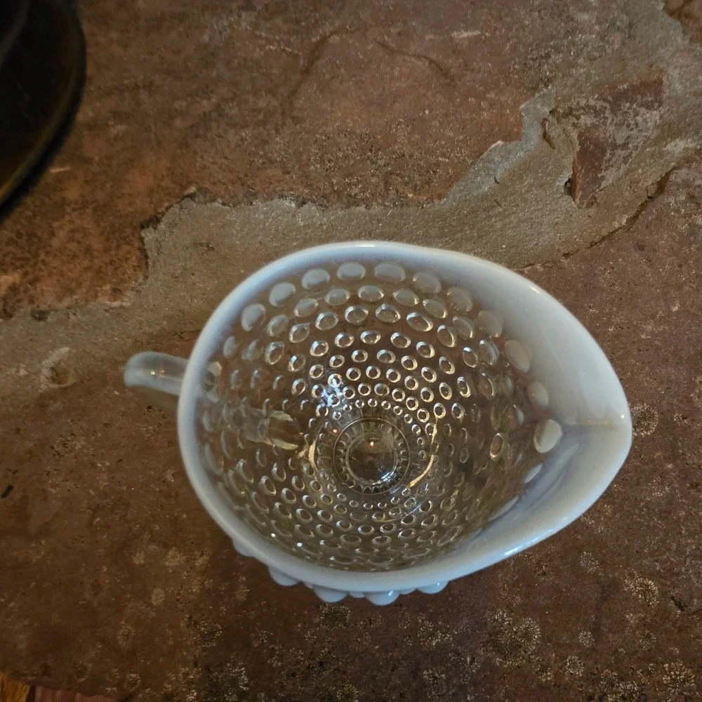 Fenton Hobnail Opalescent Milk Glass Footed Creamer Vintage Clear White Pitcher